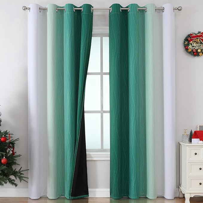 Estelar Textiler Green and Greyish White Ombre Blackout Curtains 90 Inch Length 2 Panels Set, Thermal Insulated Drapes for Bedroom,Full Room Darkening Grommet Gradient Curtains for Living Room,52Wx90L
