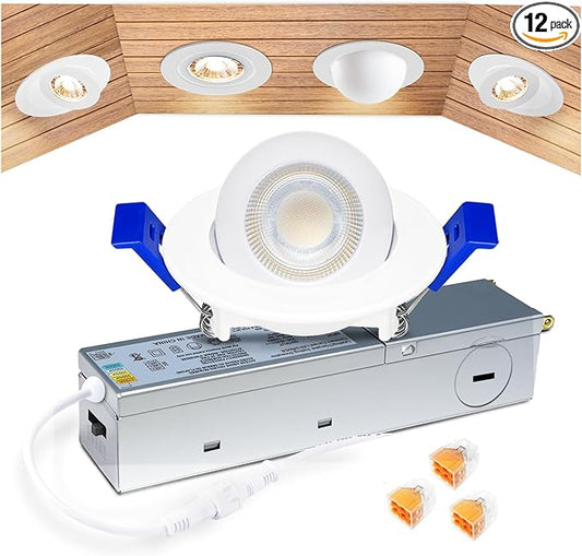 zouzai 5CCT LED Gimbal Led Recessed Light with Junction Box, 360°+90° Adjustable Directional Eyeball Lighting, Dimmable, 2700K/3000K/3500K/4000K/5000K,ETL&Energy Star (White 1 Pack, 2 inch)