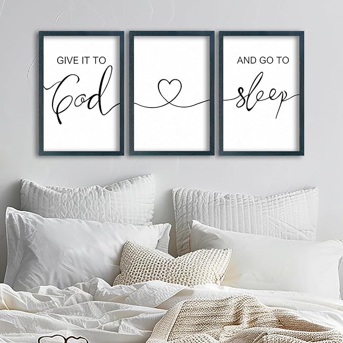 SRSZHIYUE Give It To God And Go to Sleep Set of 3 Wall Decor 16"x11" for Master Bedroom Above Bed Sign Guest Room Decoration (Black)