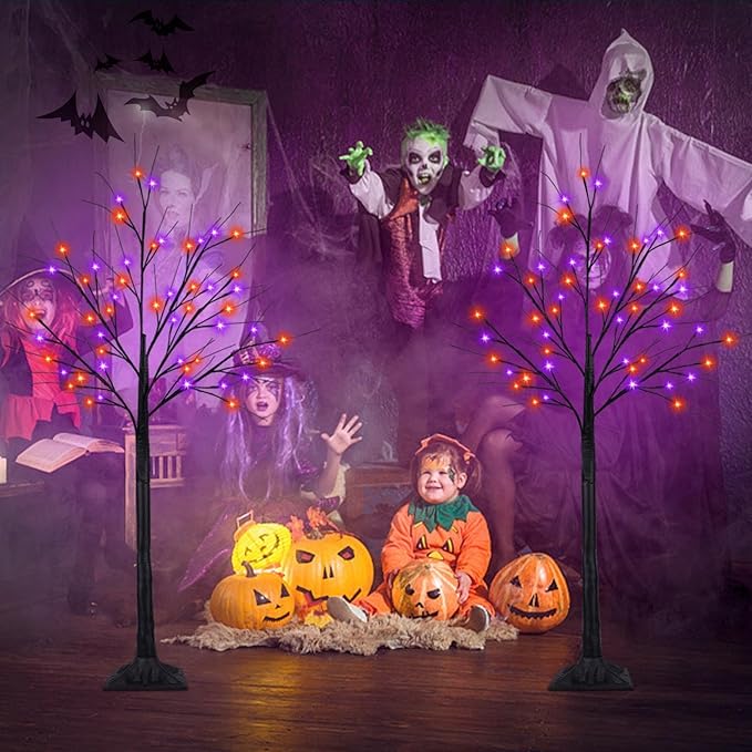 2Pack 4FT 100LED Black Halloween Tree with Lights, Timer Function with Higher Size Black Tree with Purple and Orange Lights, Spooky Light up Trees for Indoor Outdoor Party Garden Halloween Decorations
