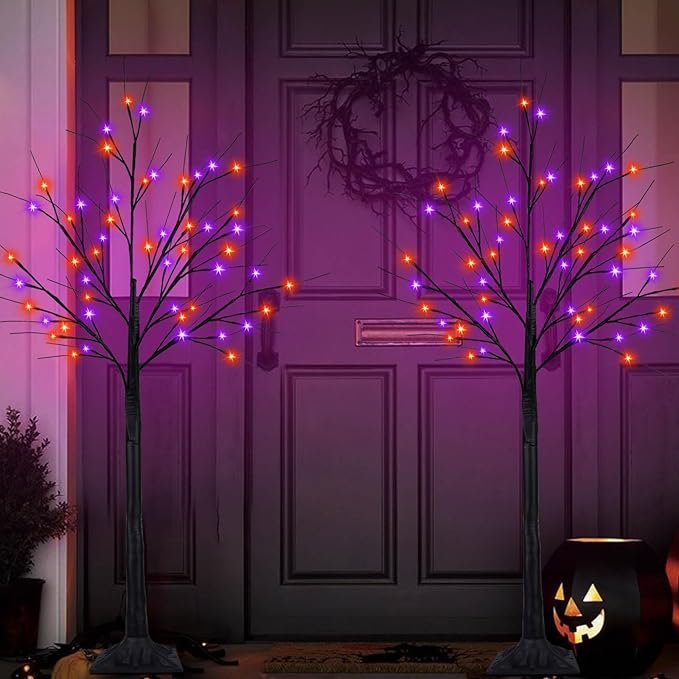 2Pack 4FT 100LED Black Halloween Tree with Lights, Timer Function with Higher Size Black Tree with Purple and Orange Lights, Spooky Light up Trees for Indoor Outdoor Party Garden Halloween Decorations