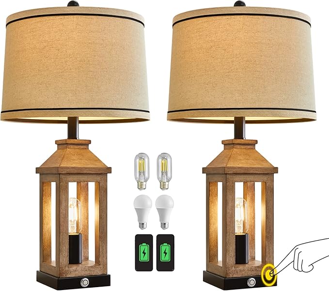 23.75" Farmhouse Dual USB Charging Ports 3-Way Dimmable Touch Control Table Lamp with Nightlight Vintage Modern Lamps for Living Room Bedroom