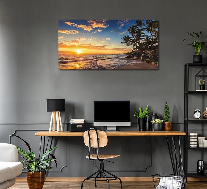 Sunset Beach Canvas Wall Art - Tropical Island Beach Pictures Natural Beauty Scene Wall Decor Coastal Ocean Waves Painting Coconut Trees Canvas Print Artwork Home Office Decoration 20" x 40"