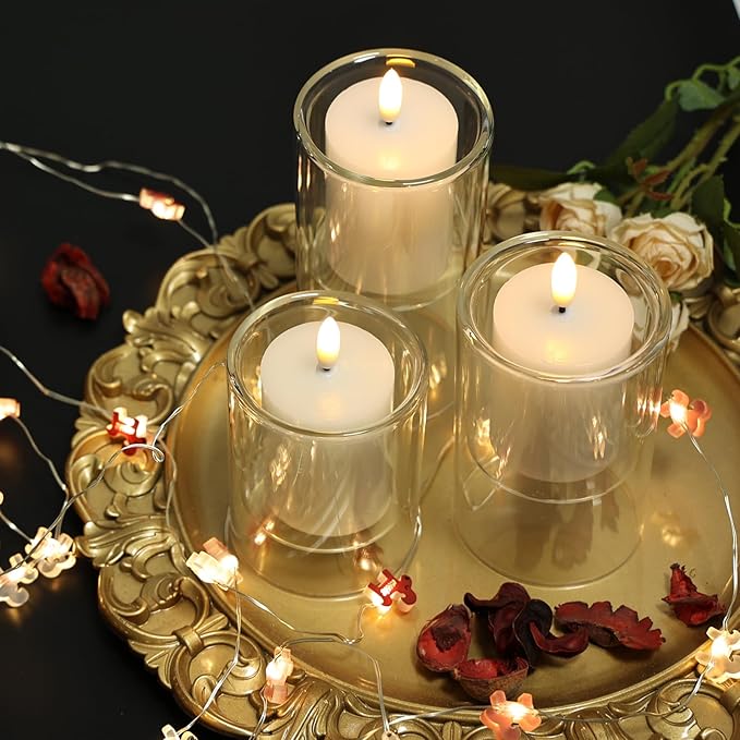 NURADA Flameless Candles with Remote Timer - Glass Real Wax 3D Wick LED Pillar Votive Candle Set Battery Operated Flickering Light for Home Christmas Decoration - White 3 Pack