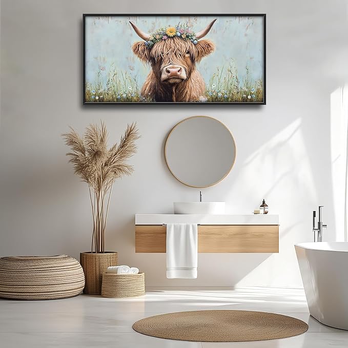 Highland Cow Framed Wall Art for Living Room, Large Cow Canvas Wall Decor, Animal Pictures Painting, Modern Artwork for Bathroom Bedroom Office 60L'' × 30W''