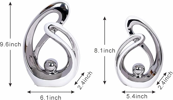 2 Pcs White and Silver Living Room Decor Table Sculpture Decorations Ceramic Statue Decor Mid Century Modern Decor Centerpieces for Dining Room Kitchen Fireplace Shelf Office Coffee Table Decor