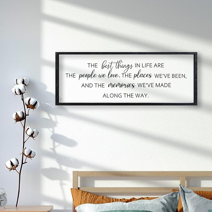 Comurdyo The Best Things in Life Sign 32''×12'' Framed Wood Memories Inspirational Quotes Wall Decor Vintage Farmhouse Wedding Gifts Sign Wall Art for family Home Bedroom (Black)