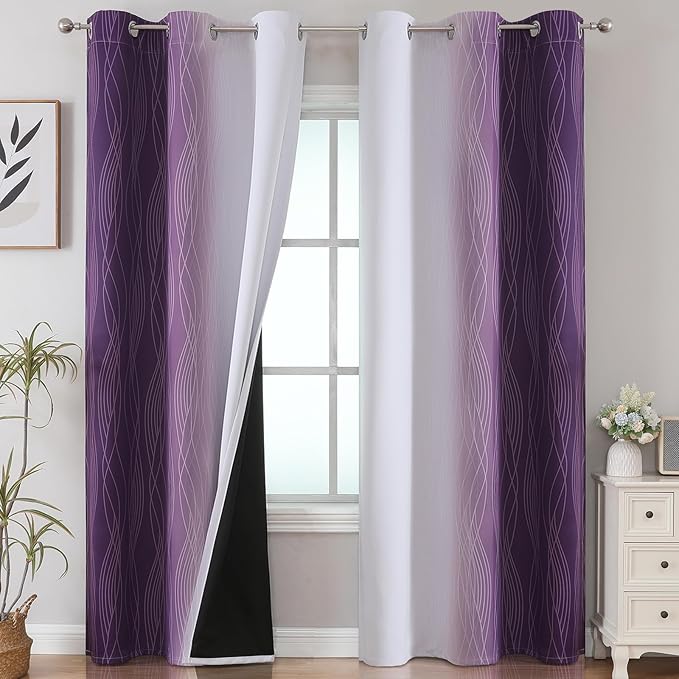 Estelar Textiler Purple and Greyish White Room Darkening Blackout Curtains 84 Inches Long for Living Room, Thermal Insulated Ombre Light Blocking Grommet Blackout Drapes for Bedroom, 42Wx84L, 2 Panels
