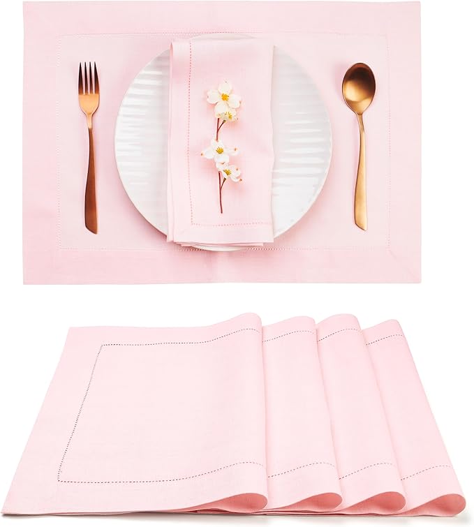 D'Moksha Homes Linen Placemats Set of 4 - Classic Hemstitch Pastel Pink Placemats 14 x 19 Inch - 100% Pure Linen Table Mats for Fall, Autumn and Halloween - Handcrafted and Machine Washable