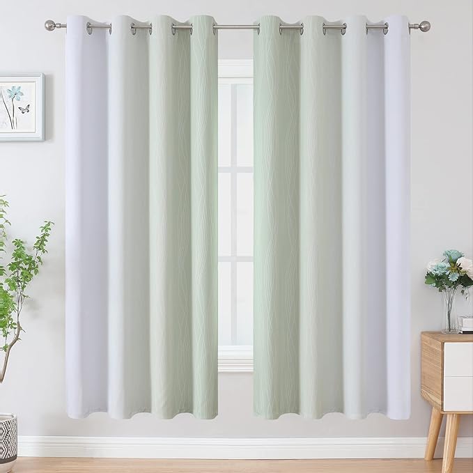 Estelar Textiler Sage Green and Greyish White Blackout Curtains 72 Inch Length 2 Panels Set, Room Darkening Grommet Ombre Curtains for Bedroom, Thermal Insulated Light Blocking Gradient Drapes,52Wx72L
