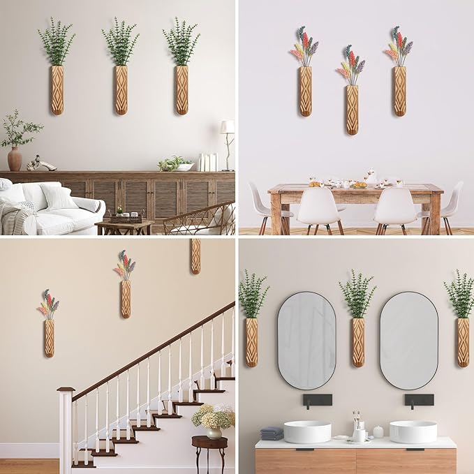 3 Pack Wood Wall Planter, Boho Wall Vase for Hallway Decor and Bathroom Decor, Modern Farmhouse Decor, Wooden Hanging Planter for Holding Dried Flowers and Faux Greenery