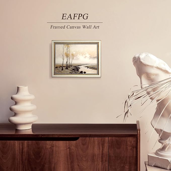 EAFPG Textured Gel Finish Gold Framed Vintage Wall Art for Bathroom, Autumn Landscape Canvas Prints for Living Room, Bedroom & Kitchen, Aesthetic Paintings for Office, Rustic Wall Decor, 12"x16"