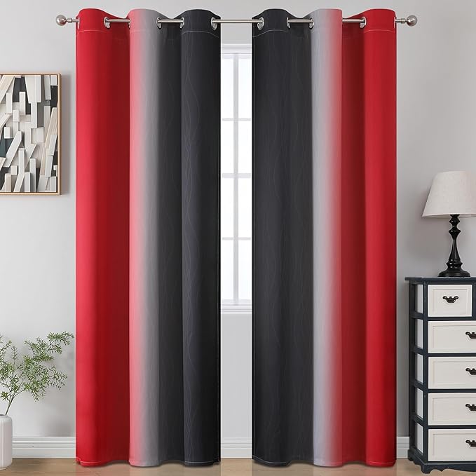 Estelar Textiler Black and Red Blackout Curtains, 100% Ombre Blackout Curtains for Bedroom, Full Light Blocking Thermal Insulated Gradient Grommet Drapes for Living Room, 42x84 Inch, 2 Panels
