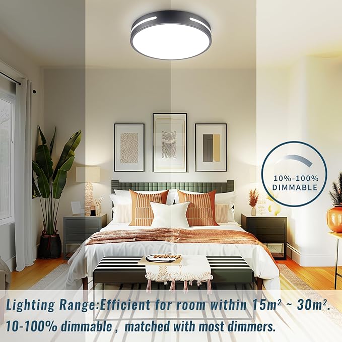LED Ceiling Light Flush Mount 24W, Black Kitchen Light Fixture Ceiling Mount Dimmable, 12 inch Close to Ceiling Light Fixture 5CCT for Bedroom, Bathroom, Living Room