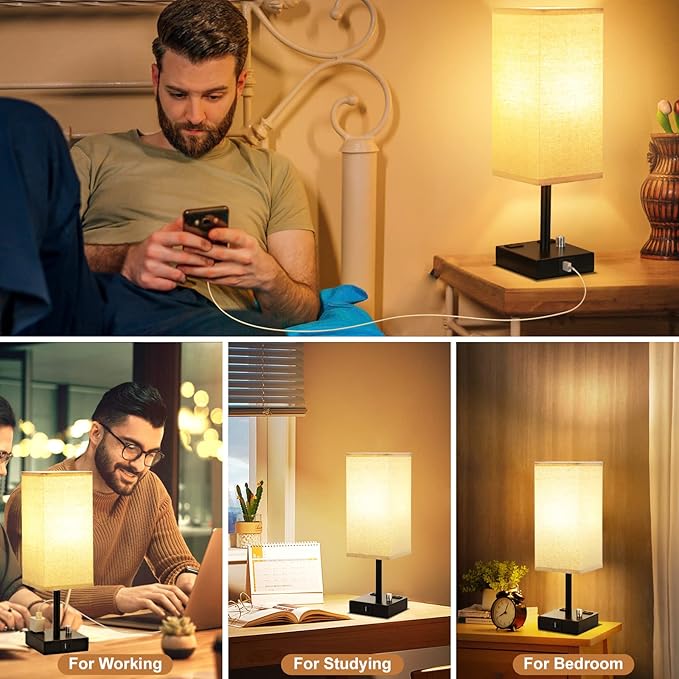 Fully Dimmable Nightstand Lamps Set of 2 - Table Bedside Lamp with USB C+A Charging Ports & 2 AC Outlets, Square Lamp Sets Linen Fabric Shade for Bedroom Living Room(Bulb Included)