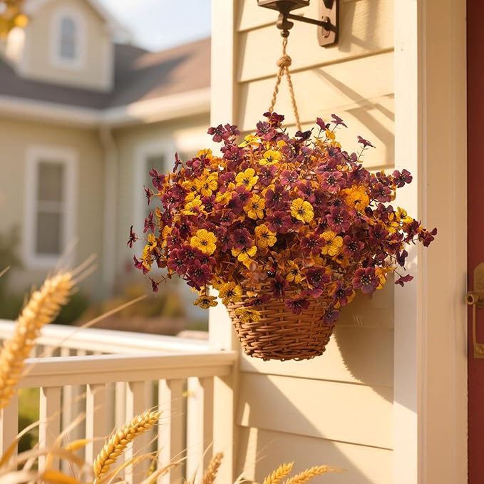 16 Bundles Artificial Fall Mums with Eucalyptus, Faux Daisy UV Resistant Outdoor Decor - Autumn Orange Flowers for Front Door Porch Planter, Patio, Thanksgiving Christmas (Fall Yellow&Red)