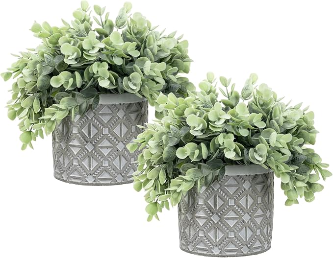 MyGift Artificial Eucalyptus Plant in Modern Gray Concrete Pots with Geometric Embossed Pattern (2, Grey)