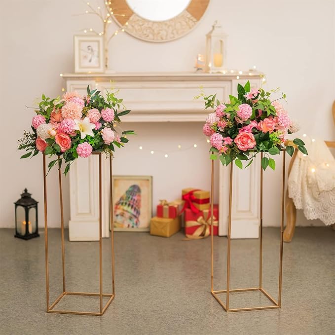 Sziqiqi Floor Vase Table Centerpieces for Reception - 10 Pcs Metal Column Geometric Flower Stand with Plates 31.5in Gold Tall Flower Display Rack Decorations for T-Stage Wedding Party Event