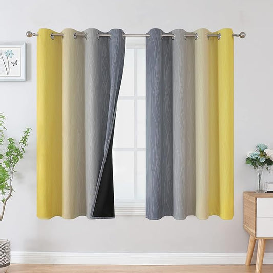 Ombre Gray and Yellow Blackout Curtains 54 Inch Length 2 panels, Full Room Darkening Curtains for Kids Room, Grommet Thermal Insulated Gradient Drapes, Light Blocking Curtains for Bedroom, 52x54 Inch