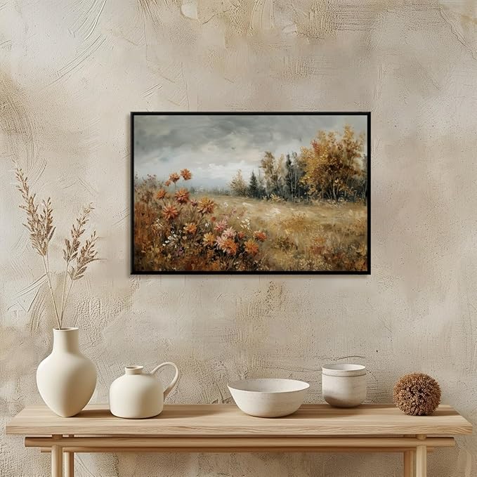 Fall Canvas Wall Art Wildflower Posters Autumn Landscape Pictures Print Art Vintage Rustic Farmhouse Wall Decor 16x24inch black framed
