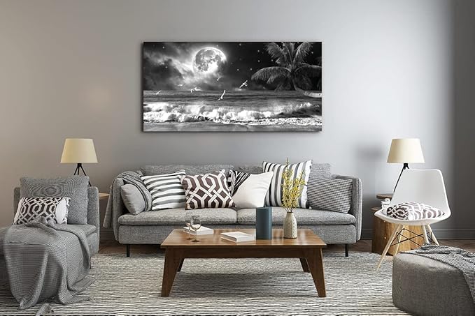 Yxbhhym Black and White Ocean Wall Art Moon Sea Beach Canvas Print Art Ocean Paintings Seascape Poster Wall Pictures Landscape Palm Artwork for Wall Living Room Decor Framed-20x40inches