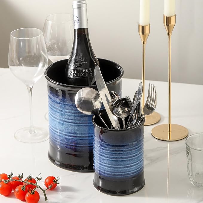 Nihow Utensil Holder: 7.2"+6.4" Ceramic Kitchen Utensil Holder for Countertop, Large Cooking Utensil Crocks for Kitchen Counter, Morden Utensil Organizer for Spatula, Set of 2, Elegant Blue & Black