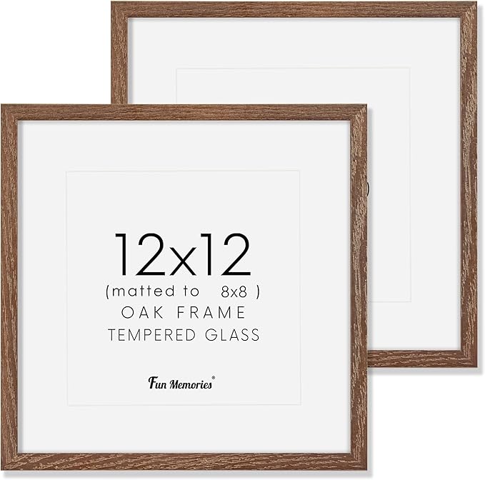 12x12 Picture Frame Set of 2, High-End Oak Wood Frame 12 x 12 for Wall, Square Wooden 12 by 12 Gallery Frames Set, 12x12 Frame Matted to 8x8, Real Glass 12 x 12 Frames, Walnut Color