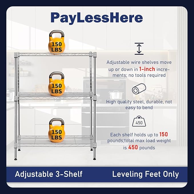 PayLessHere | 3-Tier Wire Shelf | 23"x13"x30" | Chrome | Adjustable Racks | Heavy-Duty Storage Shelves, Holds Upto 450 lbs | Rust-Resistant, No-Tool Assembly | for Home, Garage Shelving