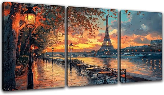 3 Pieces Paris Eiffel Tower Decor Wall Art Canvas Paintings Picture Posters Prints Landscape Wall Art Decor for Living room Bedroom Home Office Wall Decor Framed Wall Art (36''W x 16''H)
