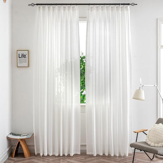 Off White Thick Linen Semi Sheer Pinch Pleated Curtains 96 Inches Long, 50 Inches Width, Elegant Light Filtering Drapes Set of 2, Window Curtain with Hooks