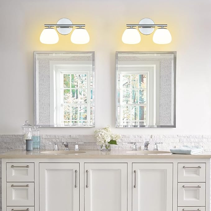 Modern 2 Light Bathroom Vanity Light Chrome Vanity Light Bathroom Light Fixtures Over Mirror with Milk Glass Shade Bathroom Wall Sconce
