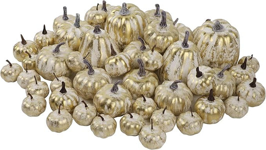 winemana 46 Pcs Assorted Size Artificial Pumpkins Fall Decorations, Gold Foam Pumpkin Autumn Decor, Decorative Faux Pumpkin for Halloween Thanksgiving Table Centerpiece Mantle Bowl Wedding Party