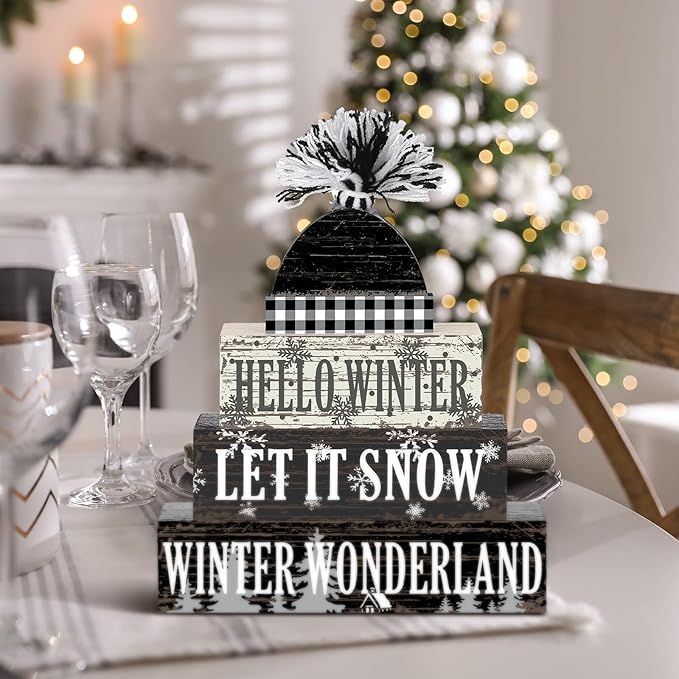 Geelin 4 Pcs Hello Winter Wooden Farmhouse Decor Let It Snow Wooden Centerpiece for Tiered Trays Rustic Kitchen Shelf Table Decor Winter Wonderland Party Home Decoration
