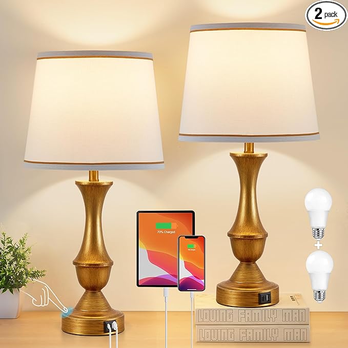 Luvkczc Gold Touch Table Lamps Set of 2, 22" Bedside Lamps with USB C+A Ports, 3 Way Dimmable Nightstand Lamps with White Lampshade,Table Lamps for Bedroom Living Room Bedroom Office, Bulbs Included