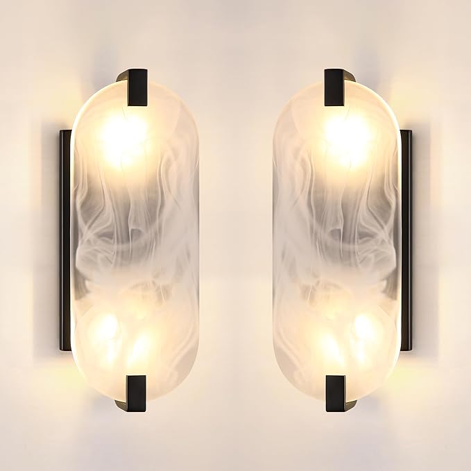 2 Pack 2 Light Oval Frosted Glass Bathroom Wall Sconce Modern Concise Style Wall Light Fixture,Black Finish for Bedroom Hallway Bedside