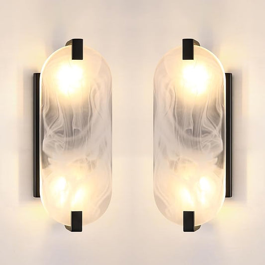 2 Pack 2 Light Oval Frosted Glass Bathroom Wall Sconce Modern Concise Style Wall Light Fixture,Black Finish for Bedroom Hallway Bedside