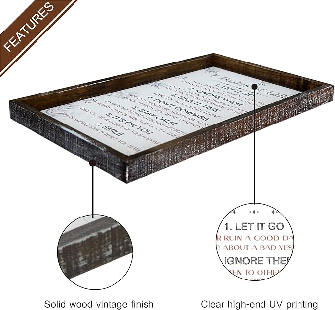 Positive 7 Rules of Life Wall Decor Sign - Affirmation Inspirational Life Attitude Plaque in Solid Wood 16x9.5 Inches Vertical - Motivational Framed Signs for Living Room