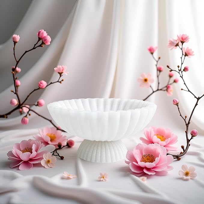 10" Large Decorative Bowl decor, Scalloped Bowls for Modern Home Decor,Ruffle Decor,Stylish Key Bowl for Entry Table,Decorative Fruit Bowl for Kitchen Counter,With base,Artificial Stone White