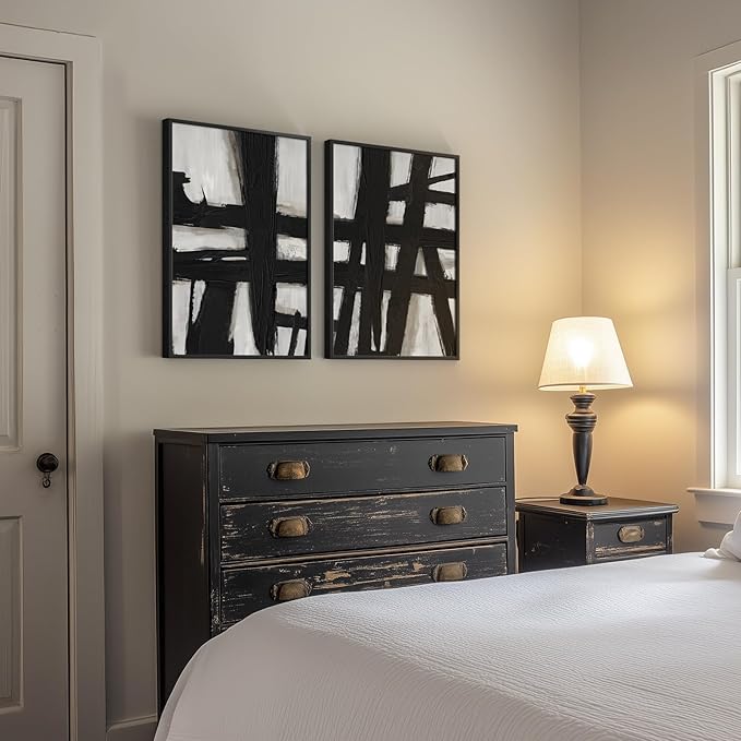 Framed Black and White Abstract Wall Art, 2 Piece Modern Canvas Prints Paintings Artwork for Walls, Minimalist Black Lines Pictures for Living Room Fireplace Dining Room Bedroom Wall Decor 16x24 In