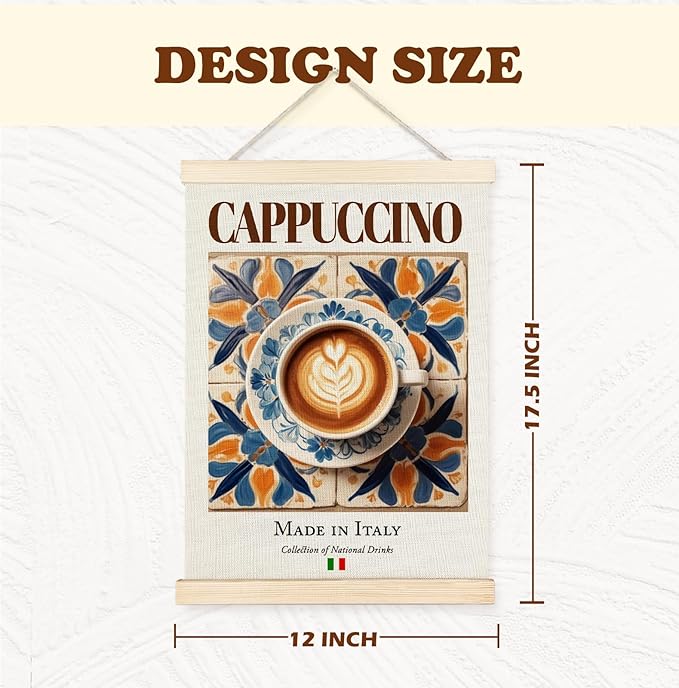 Yomisex Italy Cappuccino Anisetta Wall Art Poster, Traditional Italian Drinks on Maiolica Tiles Canvas Prints Wall Art Framed for Kitchen Coffee and Wine Bar Decor, 12x16 Inch Set of 2