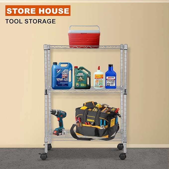 PayLessHere | 3-Tier Wire Shelf with Wheels | 23"x13"x31" | Chrome | Adjustable Racks | Heavy-Duty Storage Shelves, Holds Upto 170 lbs | Rust-Resistant, No-Tool Assembly | for Home, Garage Shelving