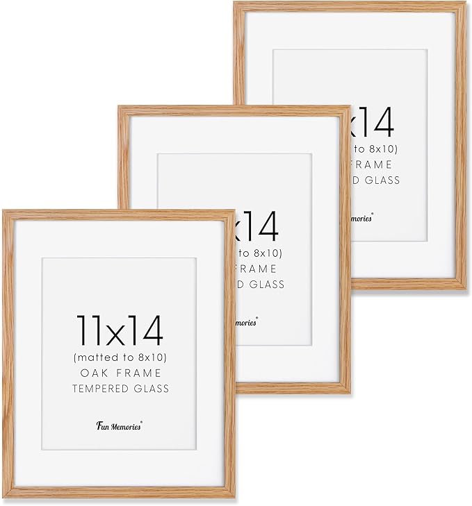 11x14 Picture Frames Set of 3, Light Wood 11 x 14 Frame for Wall, High-End Wood Oak Frame 11 by 14 with Tempered Glass, 11x14 Picture Frame Matted to 8x10, Rustic Frames 11x14 Inch, Oak Color