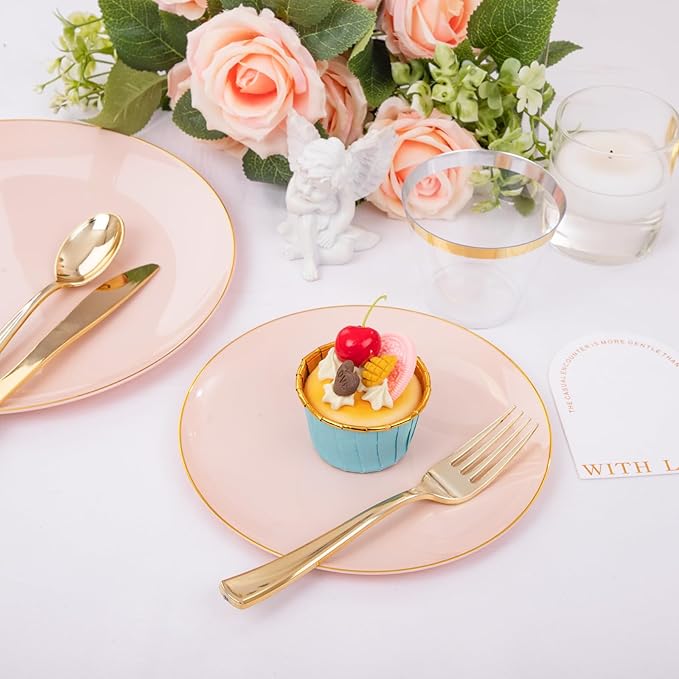 YOUBET 125PCS Pink Plastic Plates - Pink Disposable Plates With Gold Rim - Pinks and Gold Plates Include 25 Dinner Plates, 25 Dessert Plate, 75 Cutlery for Party Wedding Birthday