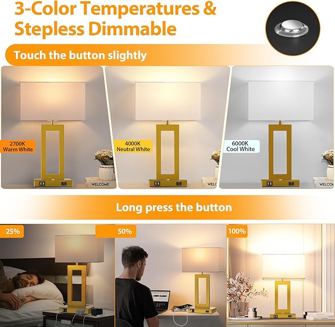 3 Color Temperatures Touch Control Table Lamps Set of 2, Stepless Dimmable Bedside Lamps with 2 USB Ports&AC Outlet, Modern Nightstand Lamps for Bedroom Living Room, Bulbs Included, Gold&White