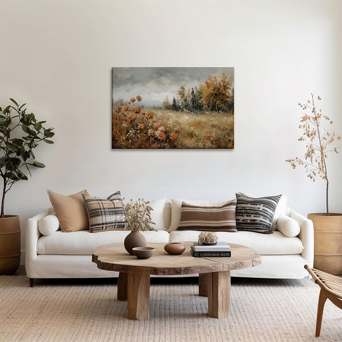 Fall Canvas Wall Art Wildflower Posters Autumn Landscape Pictures Print Art Vintage Rustic Farmhouse Wall Decor 12x18inch Framed