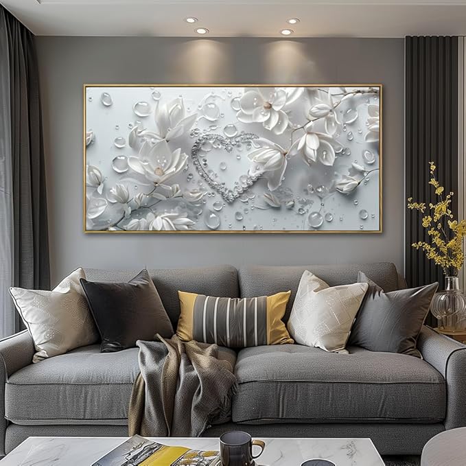 Wall Art Modern Flowers Artwork Love Heart Wall Decor White Canvas Prints for Living Room Bedroom Dining Room Home Office Decor Large Framed Ready to Hang 24"x48"