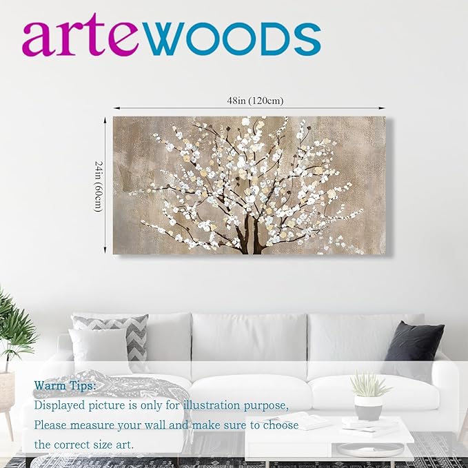 Flower Canvas Wall Art for Living Room Plum Blossom Pictures for Bedroom Wall Decor Elegant Beige Brown Floral Painting Prints Artwork Home Wall Decorations Ready to Hang 24" x 48"