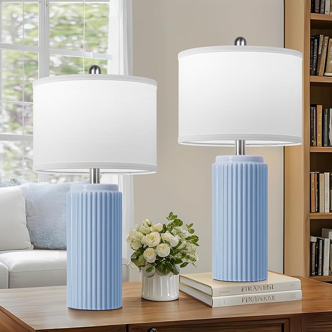 23.5’’ Sky Blue Farmhouse Table Lamps for Living Room Set of 2, Modern Elegant Ceramic Bedside Nightstand Lamps with White Linen Shade for Bedroom, Coastal Lamps Set for Study Home Office