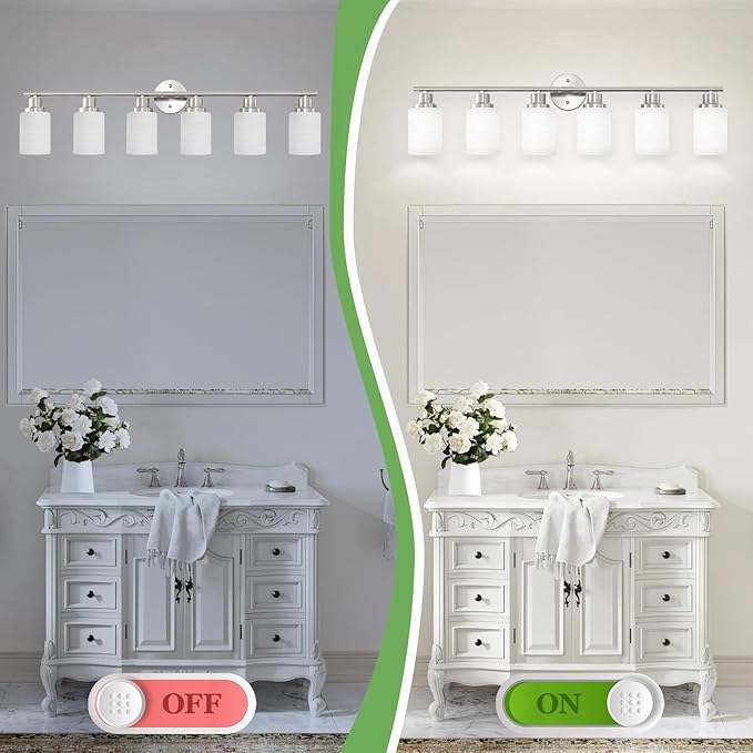 6-Light Brushed Nickel Vanity Lights for Mirror, Bathroom Light Fixtures with Textured Milky White Glass Shade, Modern Kitchen Light Fixtures Wall Sconce Light - E26 Base