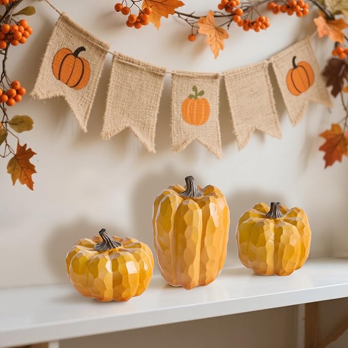 winemana Pumpkins Fall Decorations for Home & Thanksgiving- Set of 3 Artificial Pumpkin Centerpiece for Table Runner, Office, Indoor Mantel & Porch, Autumn Harvest Decor (Yellow)
